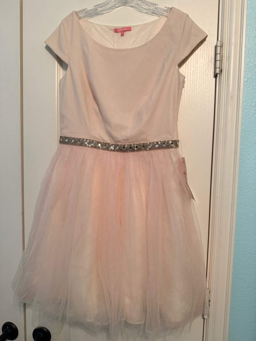 Minuet Petite Blush Pink Tulle Dress with Sequin Waist